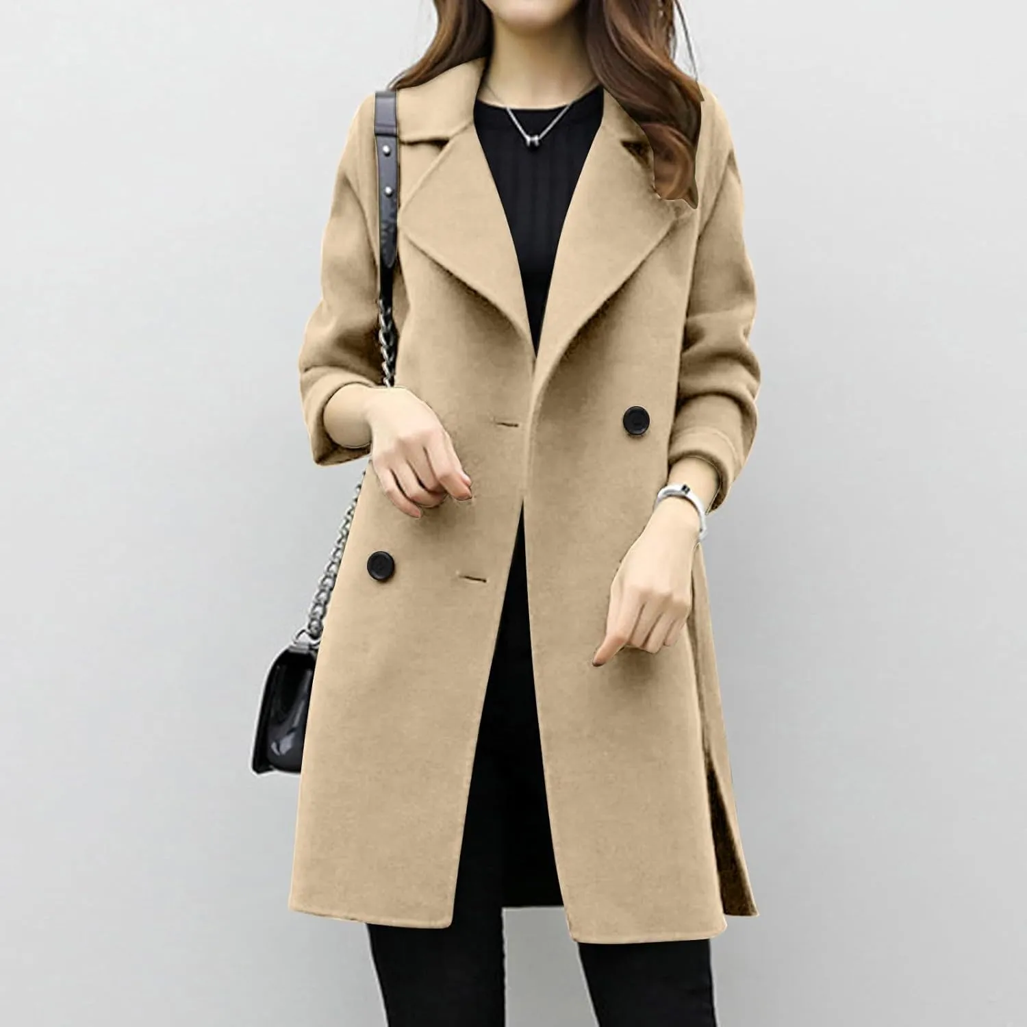 Womens Double Breasted Wool Coats Winter Warm Midi Long Trench Coat Notch Lapel Work Office Jackets Overcoats