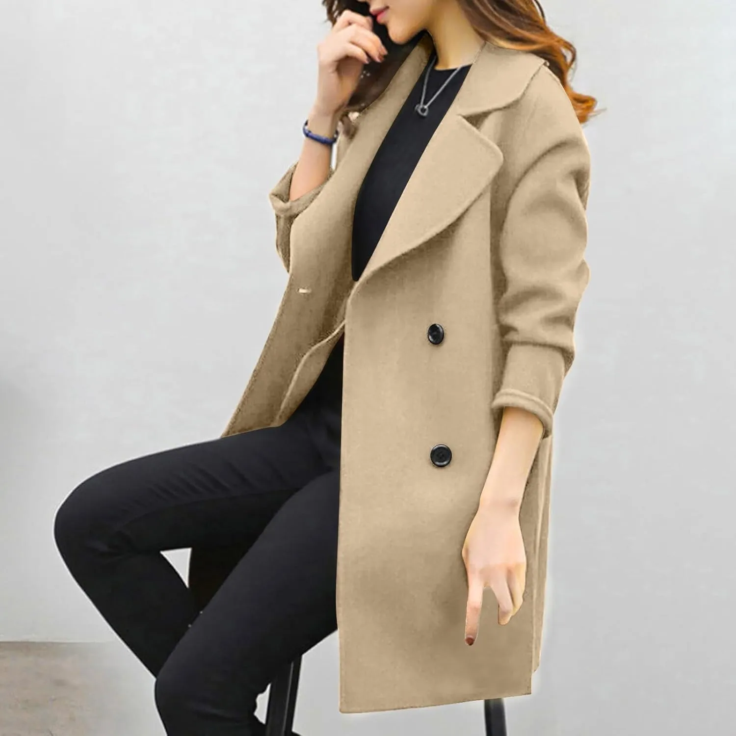 Womens Double Breasted Wool Coats Winter Warm Midi Long Trench Coat Notch Lapel Work Office Jackets Overcoats