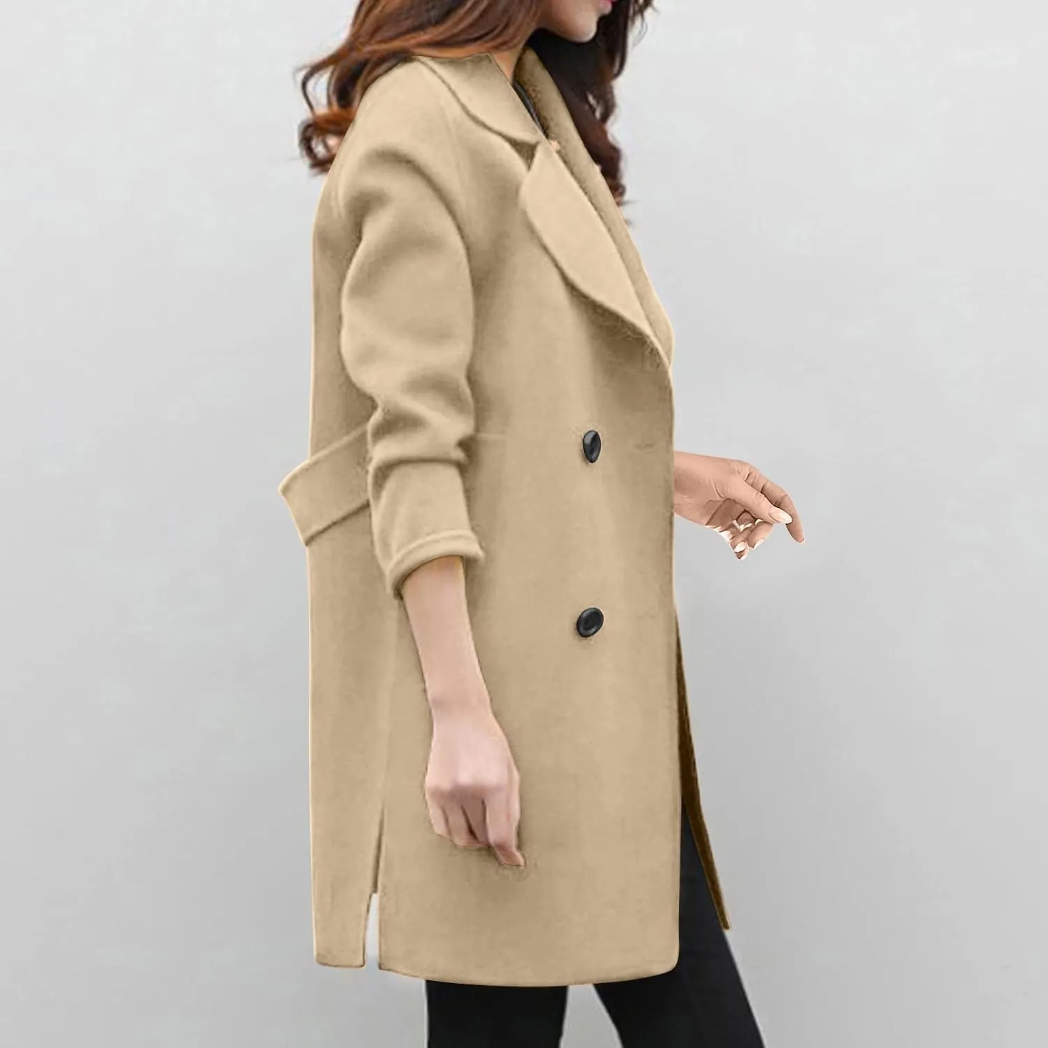 Womens Double Breasted Wool Coats Winter Warm Midi Long Trench Coat Notch Lapel Work Office Jackets Overcoats