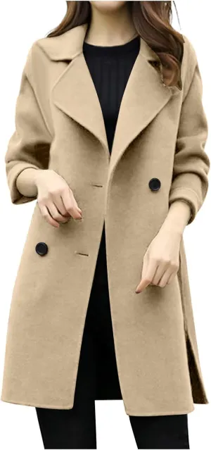 Womens Double Breasted Wool Coats Winter Warm Midi Long Trench Coat Notch Lapel Work Office Jackets Overcoats