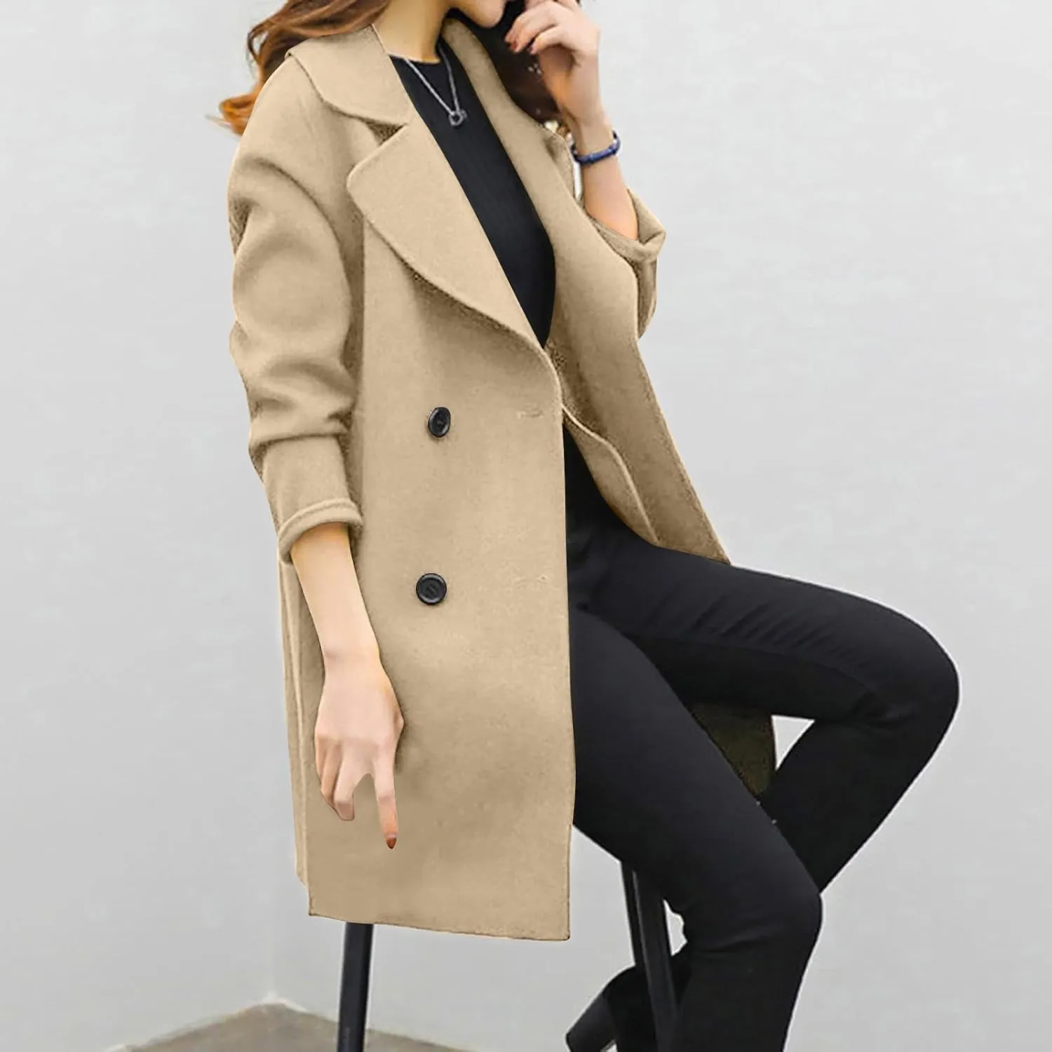 Womens Double Breasted Wool Coats Winter Warm Midi Long Trench Coat Notch Lapel Work Office Jackets Overcoats