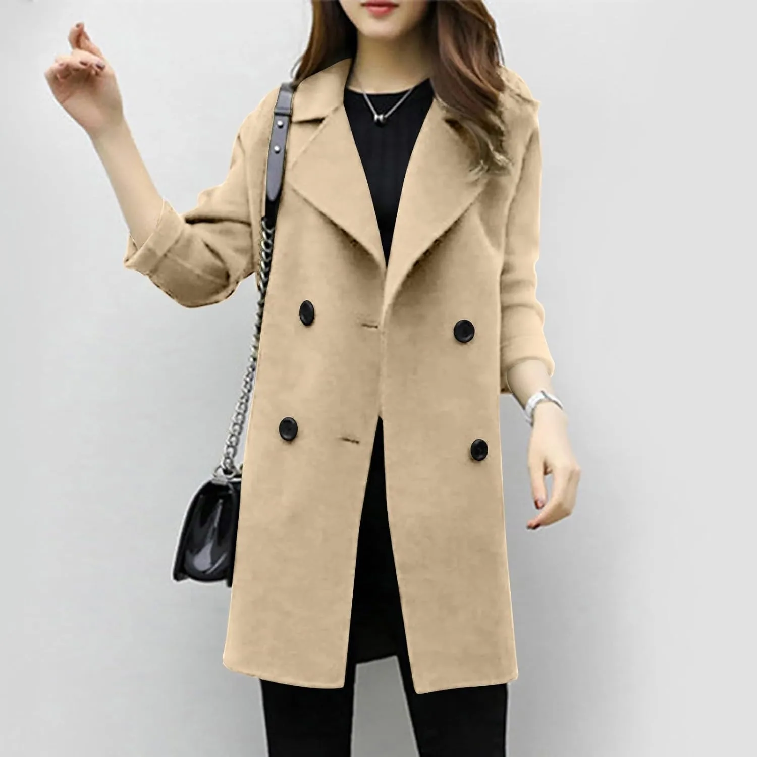 Womens Double Breasted Wool Coats Winter Warm Midi Long Trench Coat Notch Lapel Work Office Jackets Overcoats