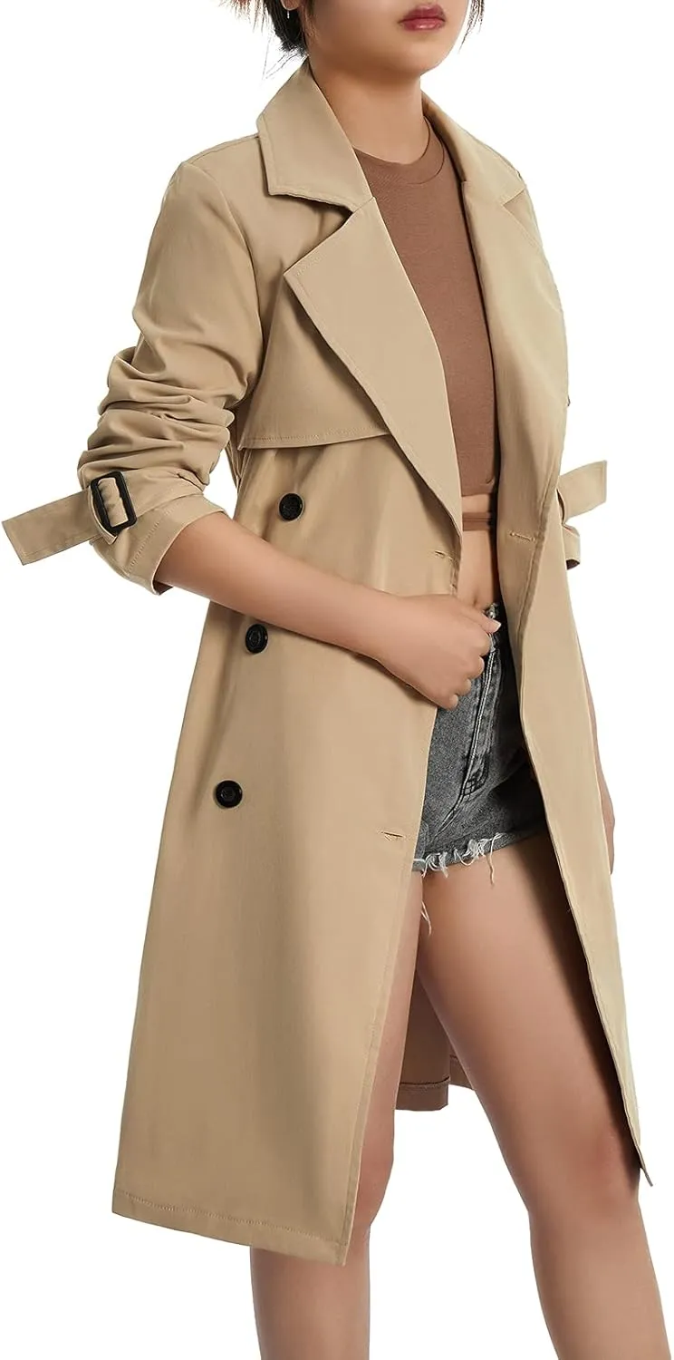 Women's Fall Double Breasted Long Trench Coat Classic Lapel Solid Color Overcoat Casual Outwear with Belt