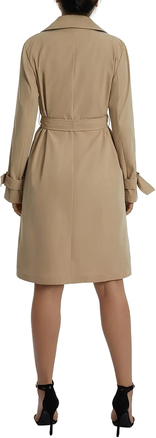 Women's Fall Double Breasted Long Trench Coat Classic Lapel Solid Color Overcoat Casual Outwear with Belt
