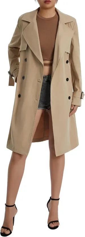Women's Fall Double Breasted Long Trench Coat Classic Lapel Solid Color Overcoat Casual Outwear with Belt