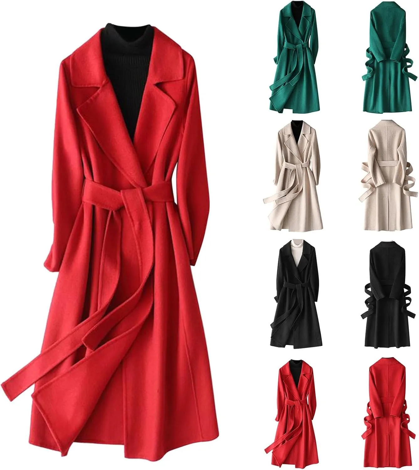 Women's Fashion Trench Coat Classic Solid Colour Lapel Long Coat Tie Slim Light Coat Autumn and Winter Warm