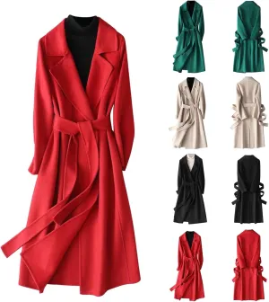 Women's Fashion Trench Coat Classic Solid Colour Lapel Long Coat Tie Slim Light Coat Autumn and Winter Warm