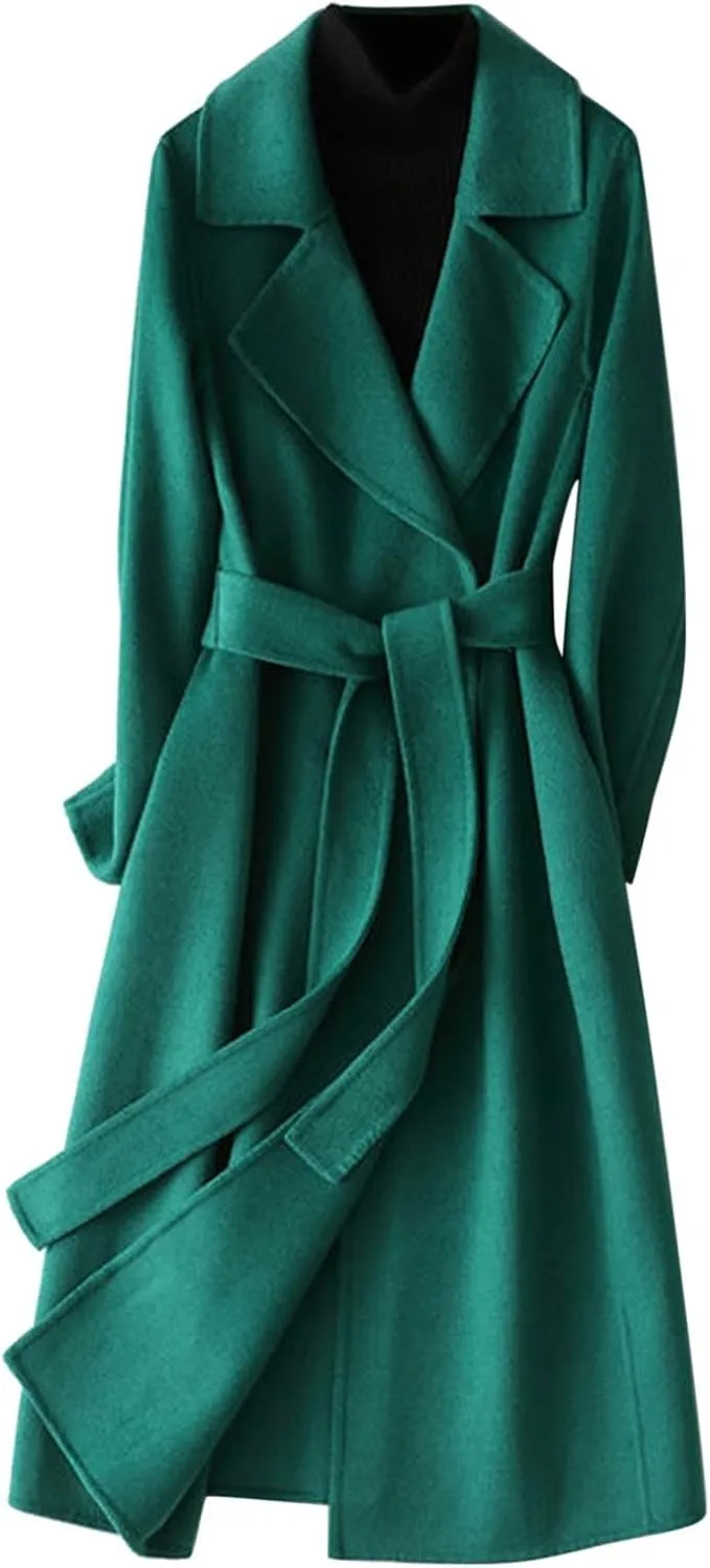 Women's Fashion Trench Coat Classic Solid Colour Lapel Long Coat Tie Slim Light Coat Autumn and Winter Warm