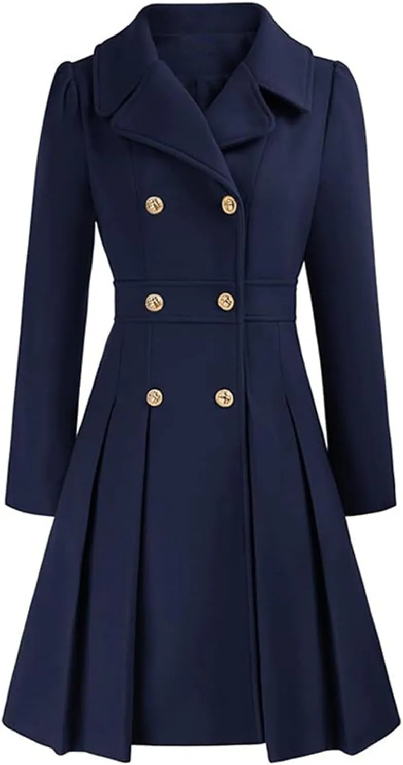 Women's Fashion Trench Coat Notch Lapel Double Breasted Outerwear A Line Trench Winter Pea Coat with Pockets