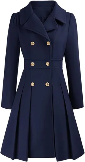Women's Fashion Trench Coat Notch Lapel Double Breasted Outerwear A Line Trench Winter Pea Coat with Pockets