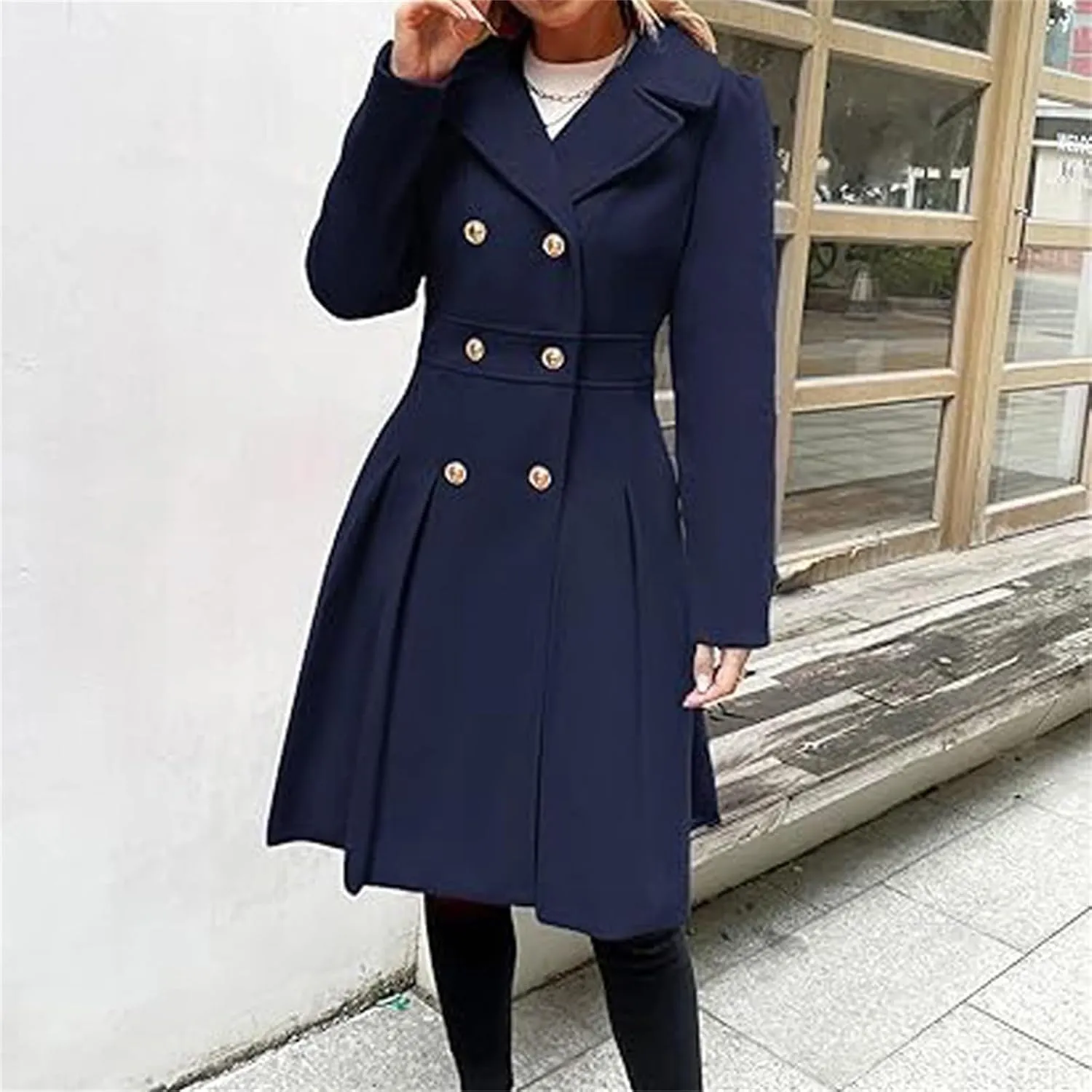 Women's Fashion Trench Coat Notch Lapel Double Breasted Outerwear A Line Trench Winter Pea Coat with Pockets
