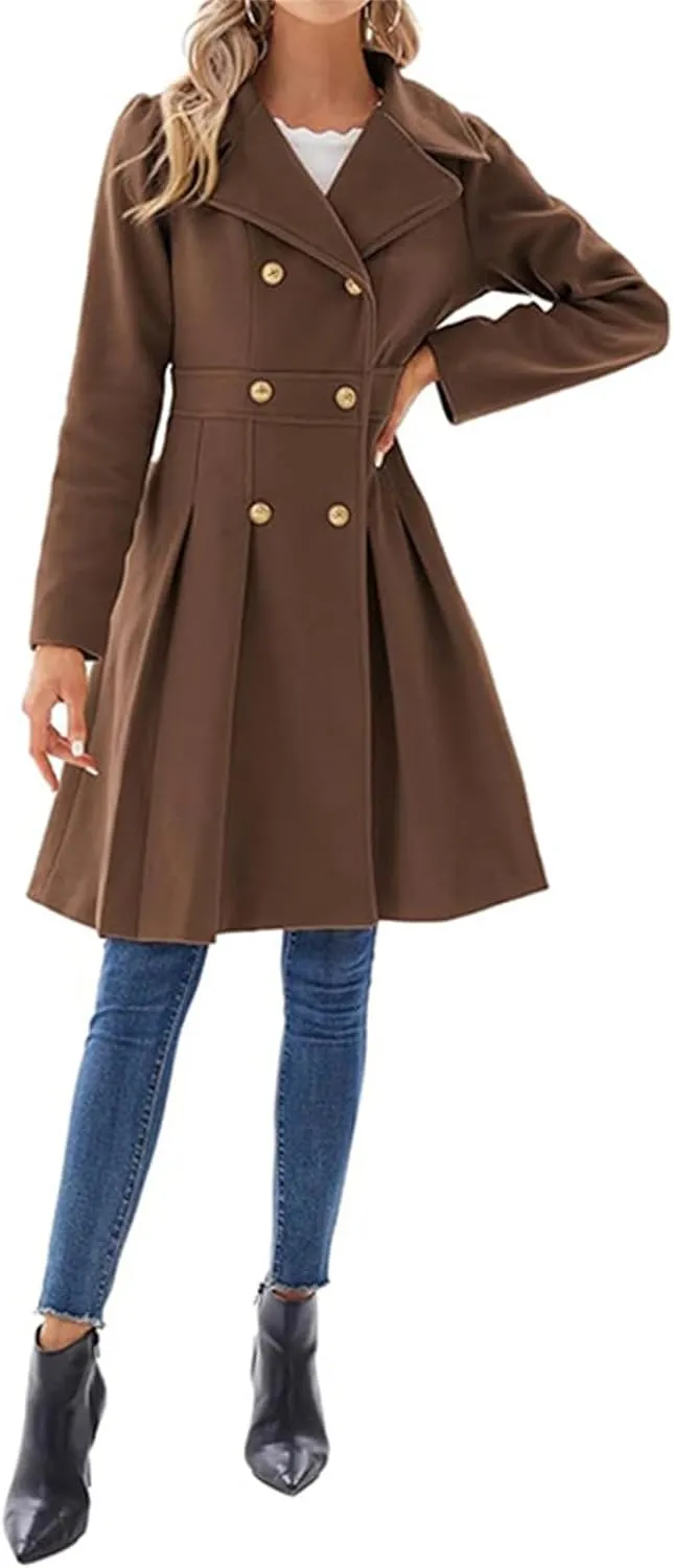 Women's Fashion Trench Coat Notch Lapel Double Breasted Outerwear A Line Trench Winter Pea Coat with Pockets