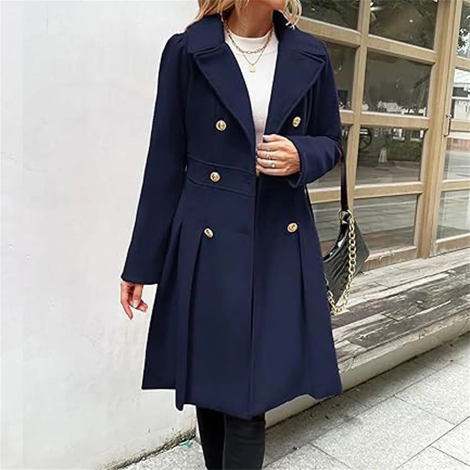 Women's Fashion Trench Coat Notch Lapel Double Breasted Outerwear A Line Trench Winter Pea Coat with Pockets