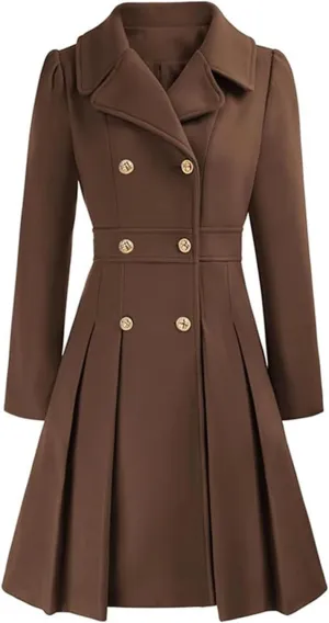 Women's Fashion Trench Coat Notch Lapel Double Breasted Outerwear A Line Trench Winter Pea Coat with Pockets