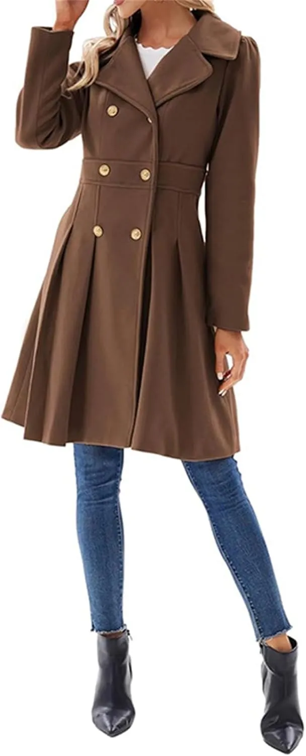 Women's Fashion Trench Coat Notch Lapel Double Breasted Outerwear A Line Trench Winter Pea Coat with Pockets