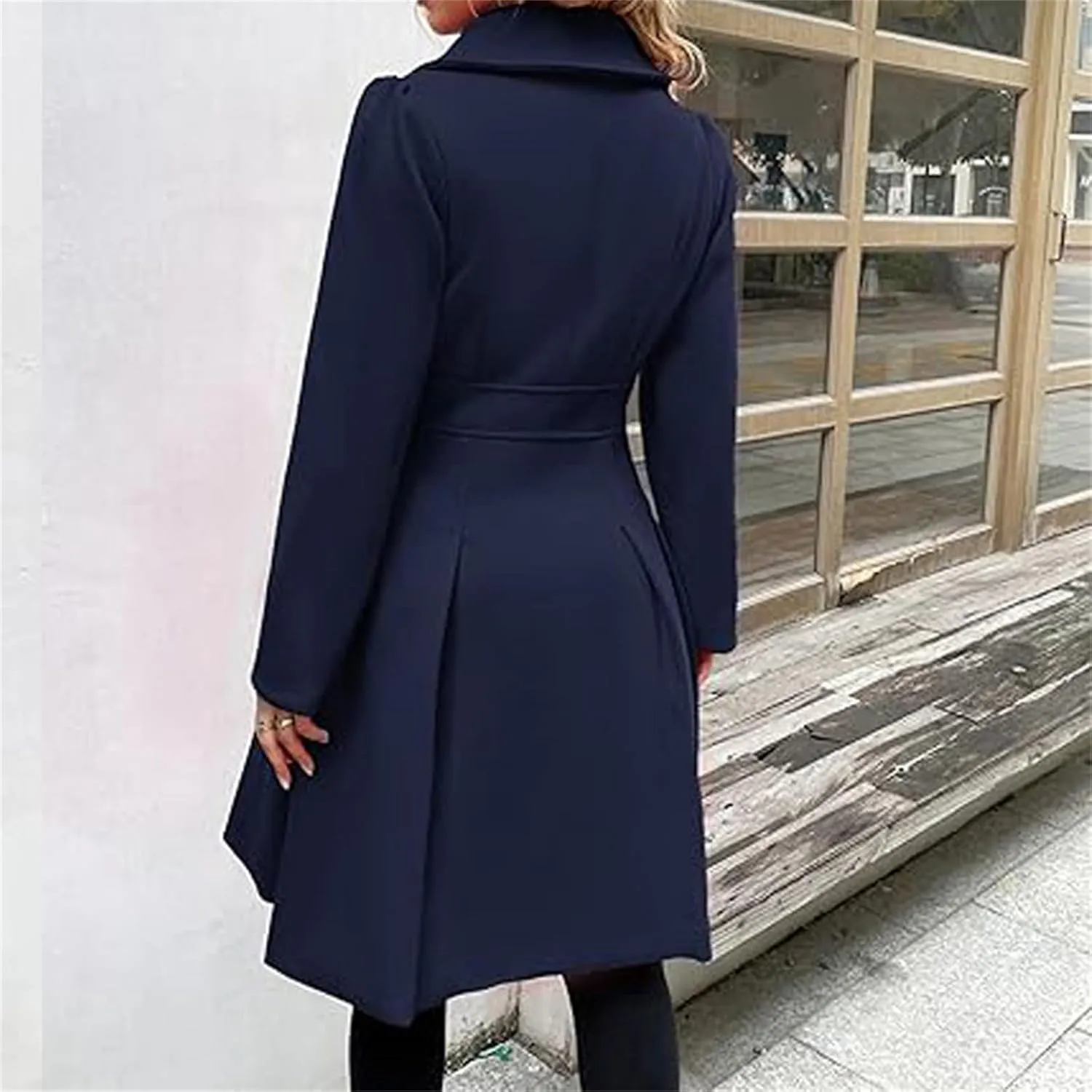 Women's Fashion Trench Coat Notch Lapel Double Breasted Outerwear A Line Trench Winter Pea Coat with Pockets