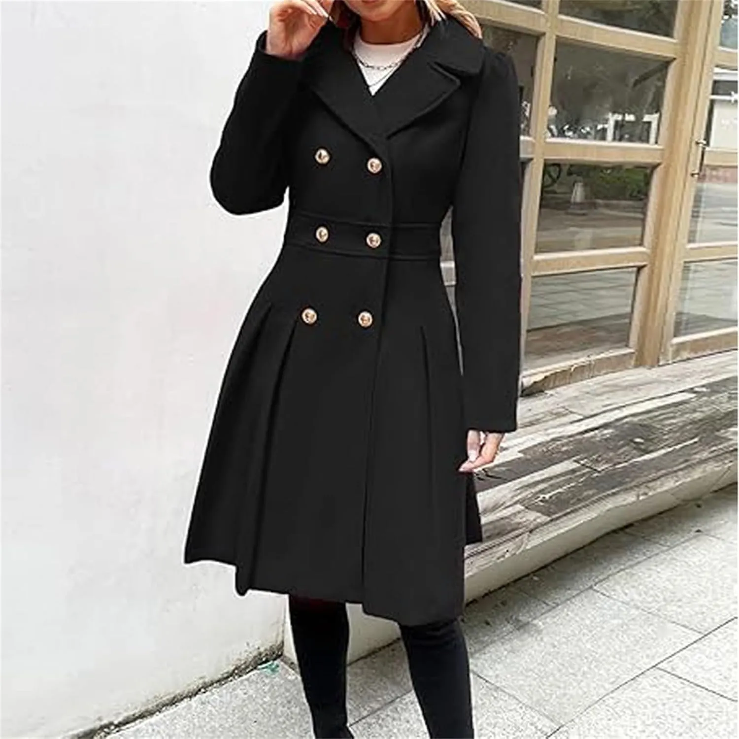 Women's Fashion Trench Coat Notch Lapel Double Breasted Outerwear A Line Trench Winter Pea Coat with Pockets