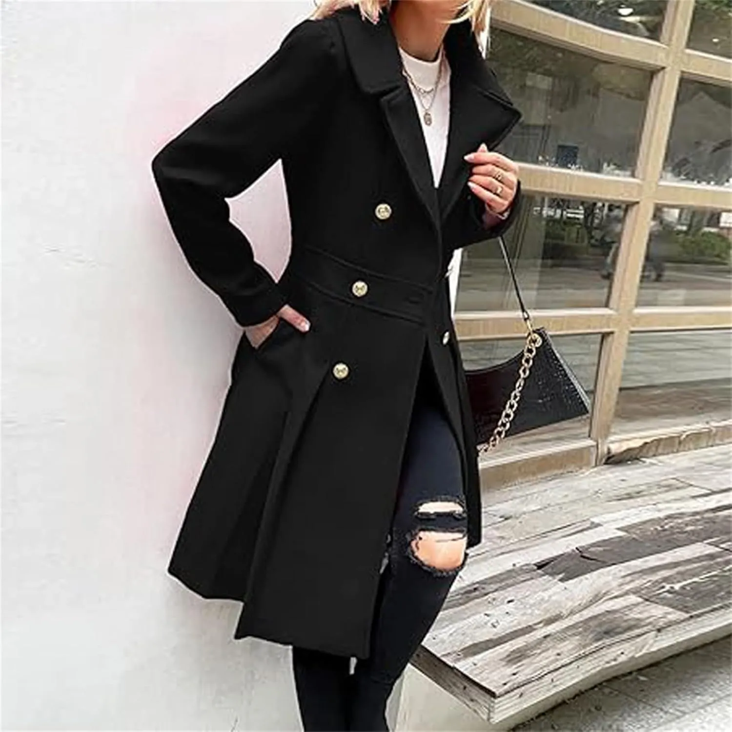 Women's Fashion Trench Coat Notch Lapel Double Breasted Outerwear A Line Trench Winter Pea Coat with Pockets
