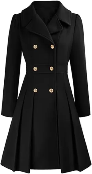 Women's Fashion Trench Coat Notch Lapel Double Breasted Outerwear A Line Trench Winter Pea Coat with Pockets