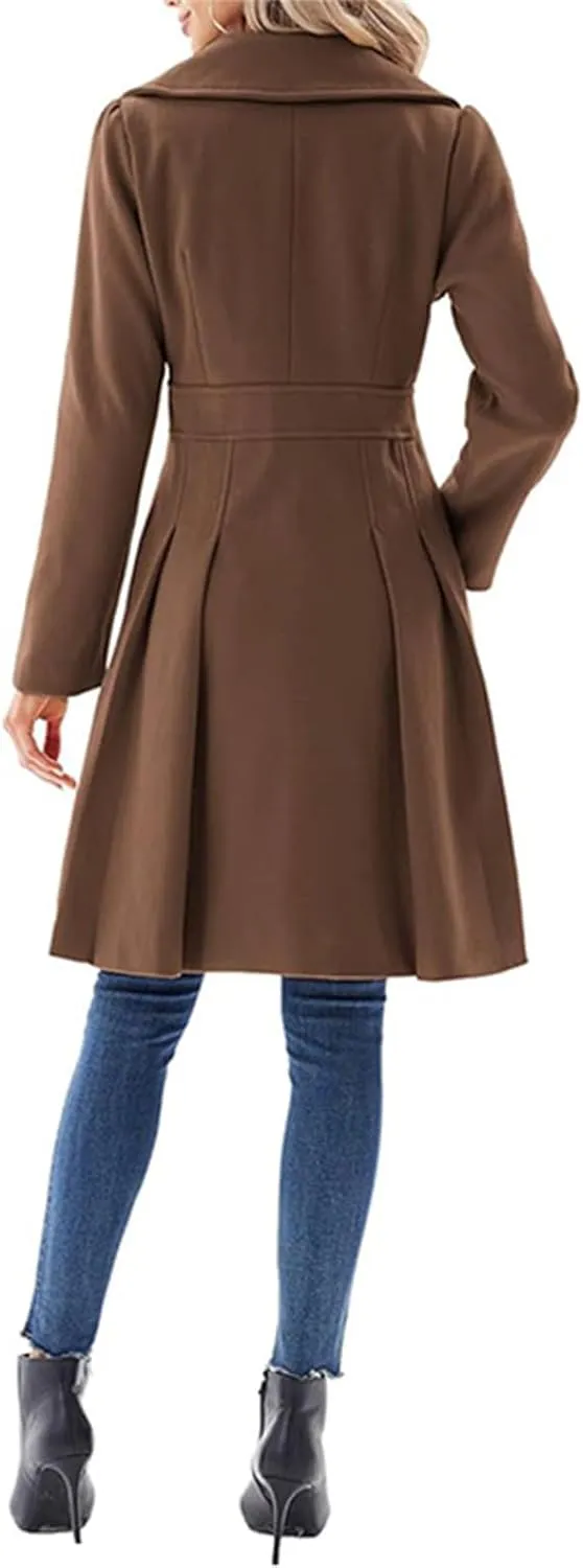 Women's Fashion Trench Coat Notch Lapel Double Breasted Outerwear A Line Trench Winter Pea Coat with Pockets