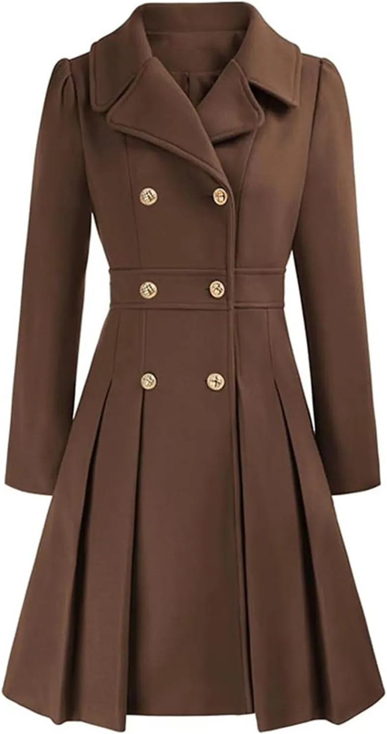 Women's Fashion Trench Coat Notch Lapel Double Breasted Outerwear A Line Trench Winter Pea Coat with Pockets