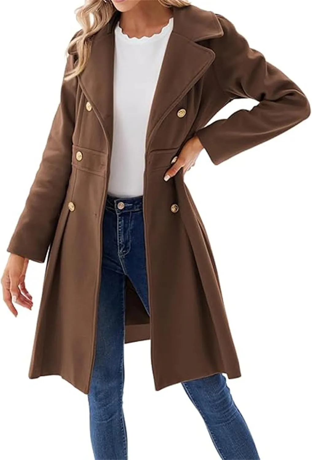 Women's Fashion Trench Coat Notch Lapel Double Breasted Outerwear A Line Trench Winter Pea Coat with Pockets
