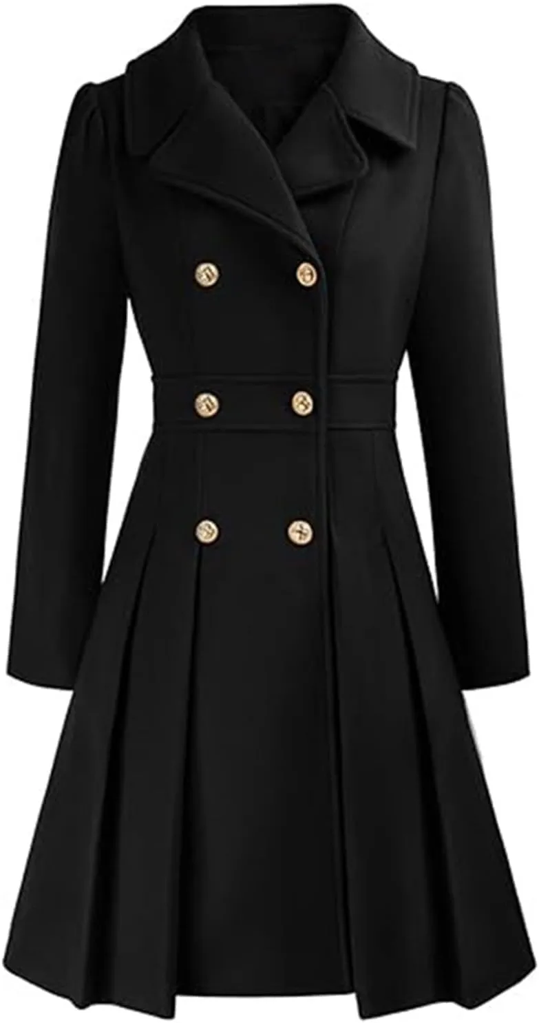 Women's Fashion Trench Coat Notch Lapel Double Breasted Outerwear A Line Trench Winter Pea Coat with Pockets