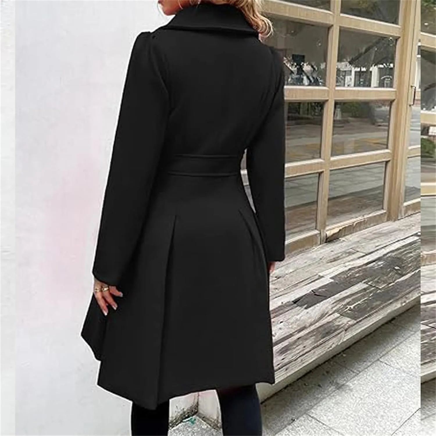 Women's Fashion Trench Coat Notch Lapel Double Breasted Outerwear A Line Trench Winter Pea Coat with Pockets
