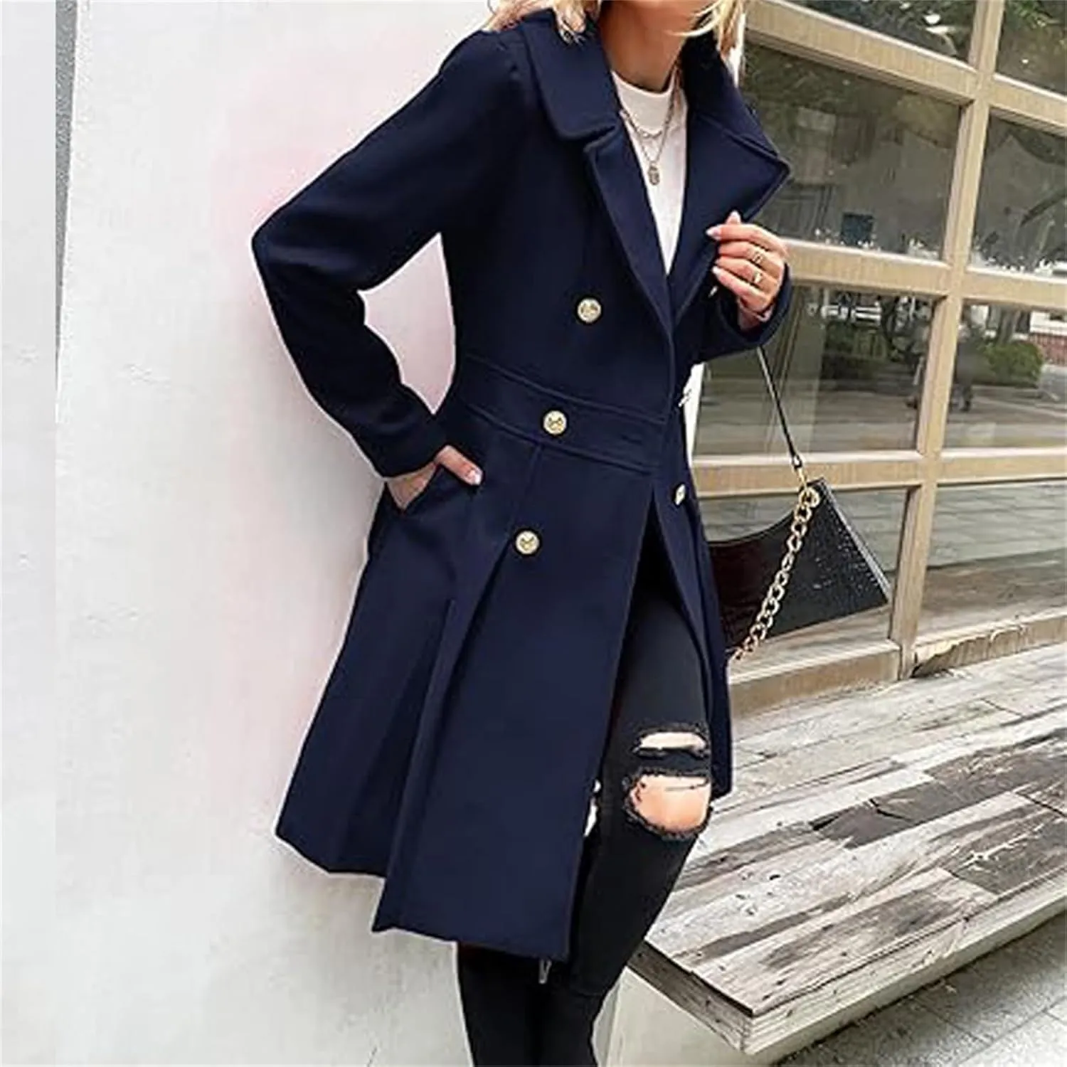 Women's Fashion Trench Coat Notch Lapel Double Breasted Outerwear A Line Trench Winter Pea Coat with Pockets