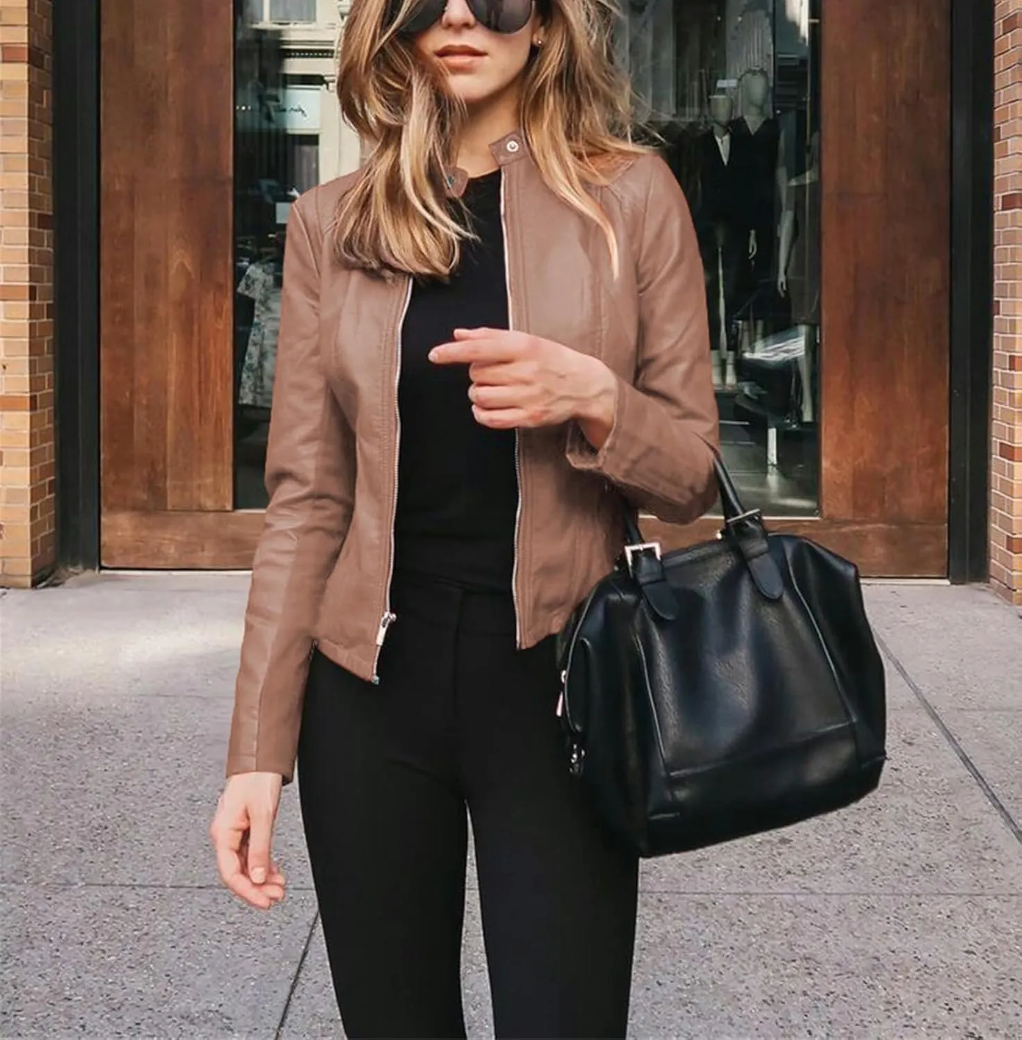 Womens Faux Leather Jacket Zip Up Moto Biker Short Coat Jacket Long Sleeve Motorcycle Bomber Coat Tops Suit Outwear