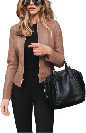 Womens Faux Leather Jacket Zip Up Moto Biker Short Coat Jacket Long Sleeve Motorcycle Bomber Coat Tops Suit Outwear