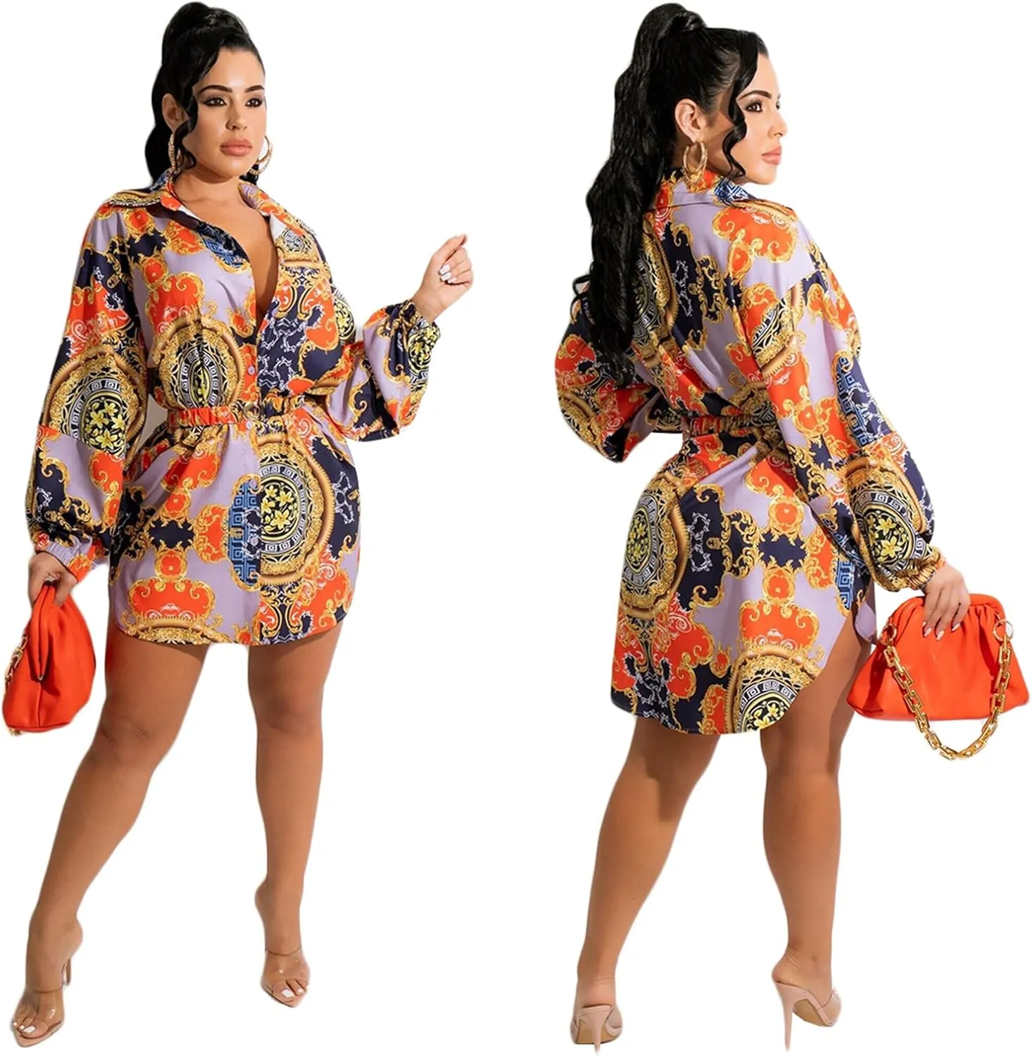 Women's Floral Button Down Shirt Dresses Casual Oversized Long Sleeve Button up Blouses Tops Mini Dress