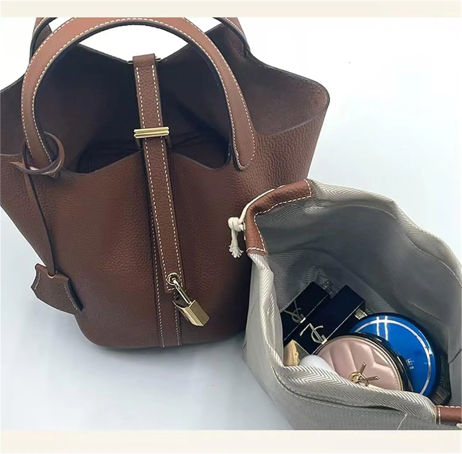 Women's Genuine Leather Basket Bag, Top Layer Cowhide Bucket Bag(02)
