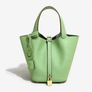 Women's Genuine Leather Basket Bag, Top Layer Cowhide Bucket Bag(02)