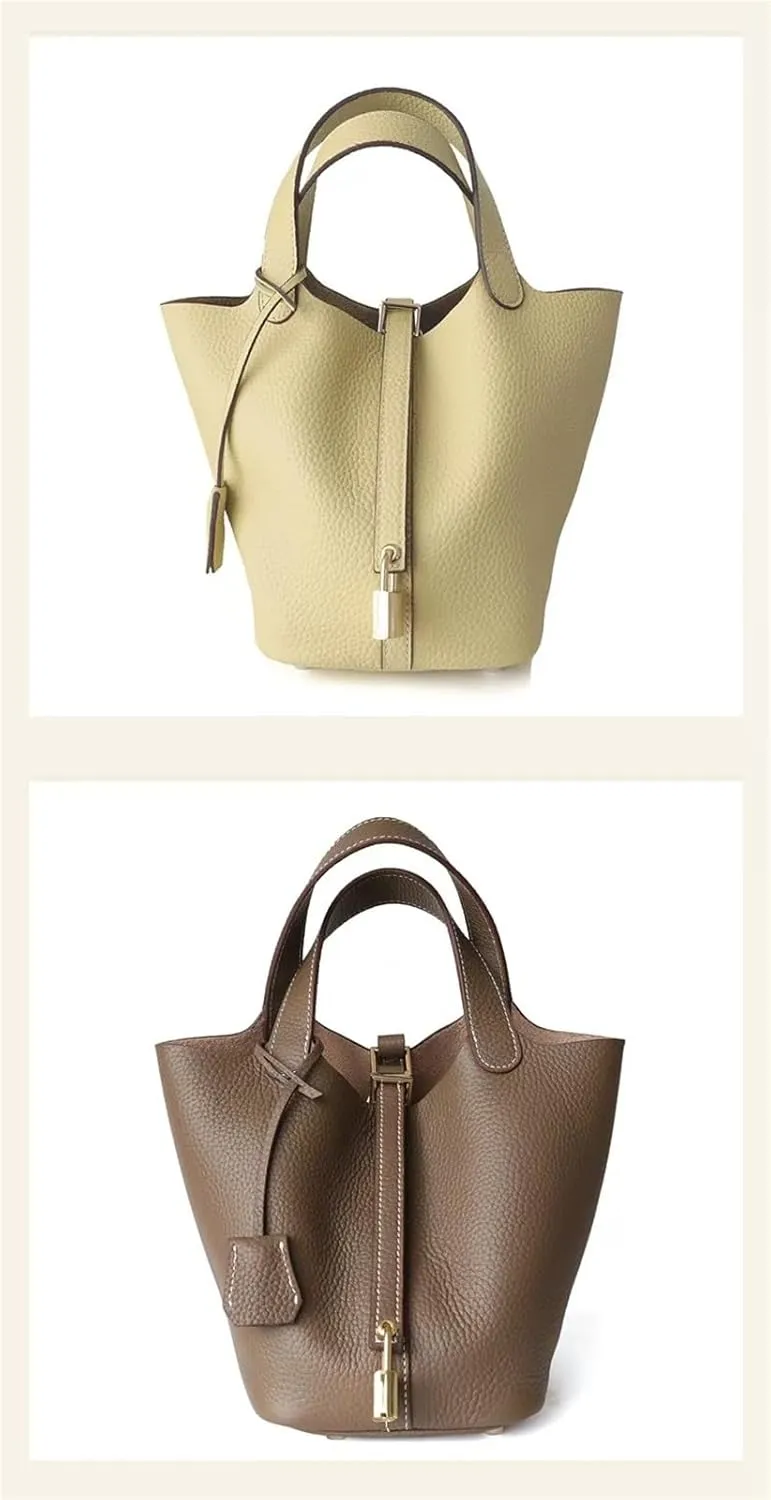 Women's Genuine Leather Basket Bag, Top Layer Cowhide Bucket Bag(02)
