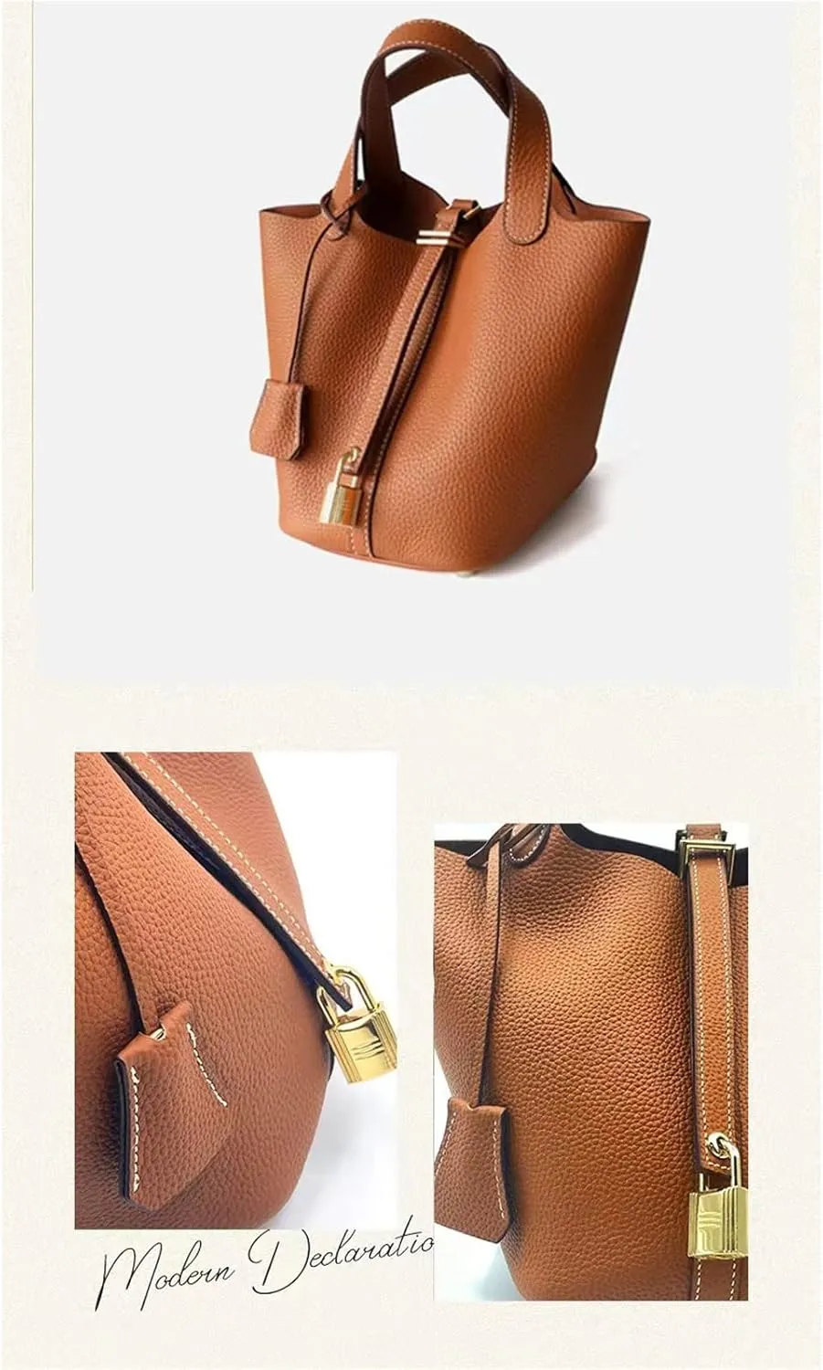 Women's Genuine Leather Basket Bag, Top Layer Cowhide Bucket Bag(02)