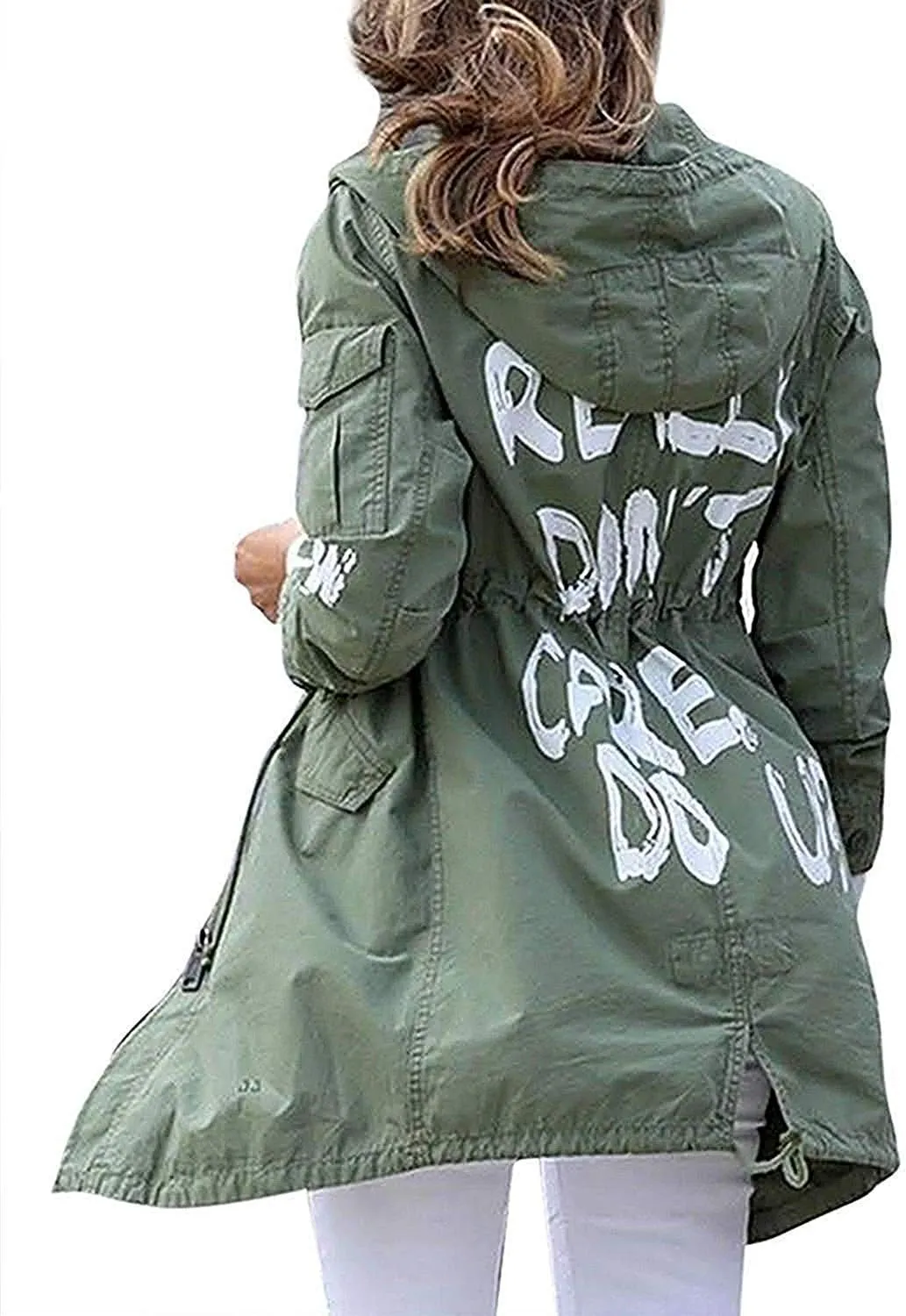 Women's I Really Dont Care Do You Trench Coat - Graffiti Slogan Graphic Printed Army Green Cargo Jacket Ladies