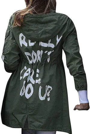 Women's I Really Dont Care Do You Trench Coat - Graffiti Slogan Graphic Printed Army Green Cargo Jacket Ladies
