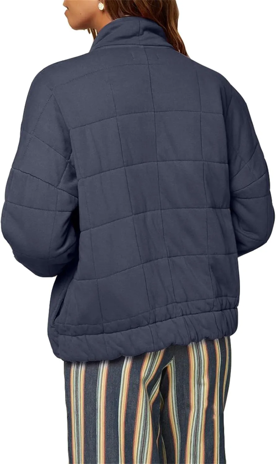 Womens Lightweight Quilted Dolman Full Zip Jackets Long Sleeve Stand Neck Winter Warm Casual Outwears with Pockets