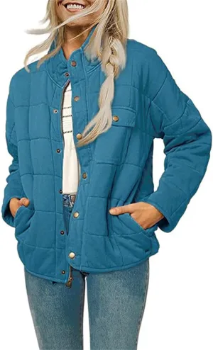 Womens Lightweight Quilted Dolman Full Zip Jackets Long Sleeve Stand Neck Winter Warm Casual Outwears with Pockets