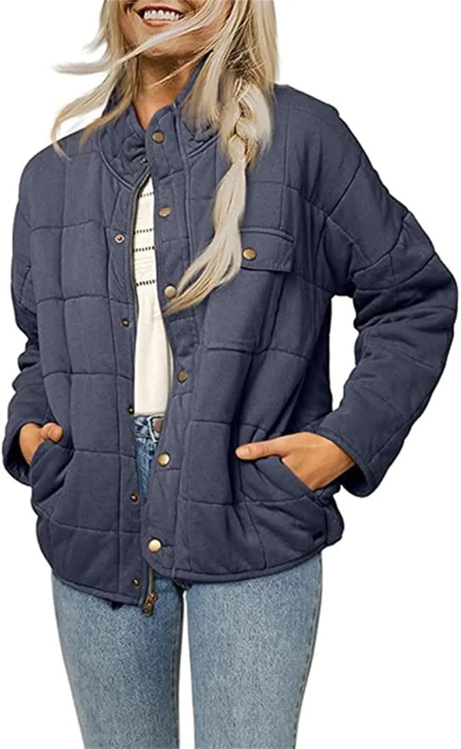 Womens Lightweight Quilted Dolman Full Zip Jackets Long Sleeve Stand Neck Winter Warm Casual Outwears with Pockets