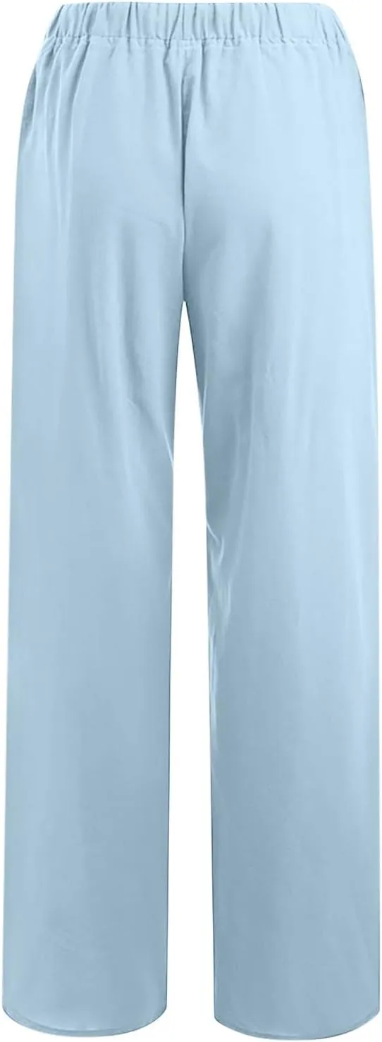 Women's Linen Blend Pants Loose Wide Leg Casual Straight Pants Lightweight Summer Beach Pants for Travel Vacation