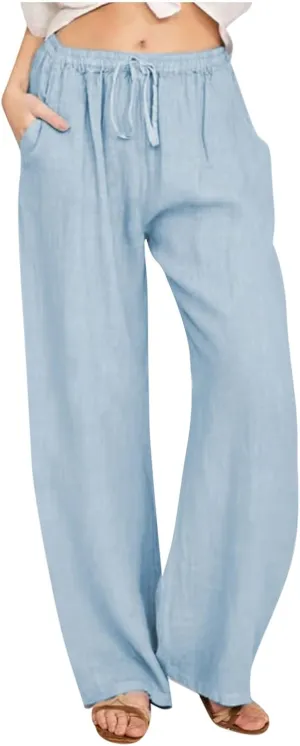 Women's Linen Blend Pants Loose Wide Leg Casual Straight Pants Lightweight Summer Beach Pants for Travel Vacation