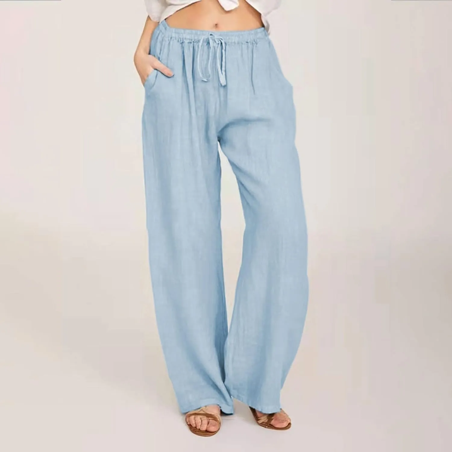 Women's Linen Blend Pants Loose Wide Leg Casual Straight Pants Lightweight Summer Beach Pants for Travel Vacation