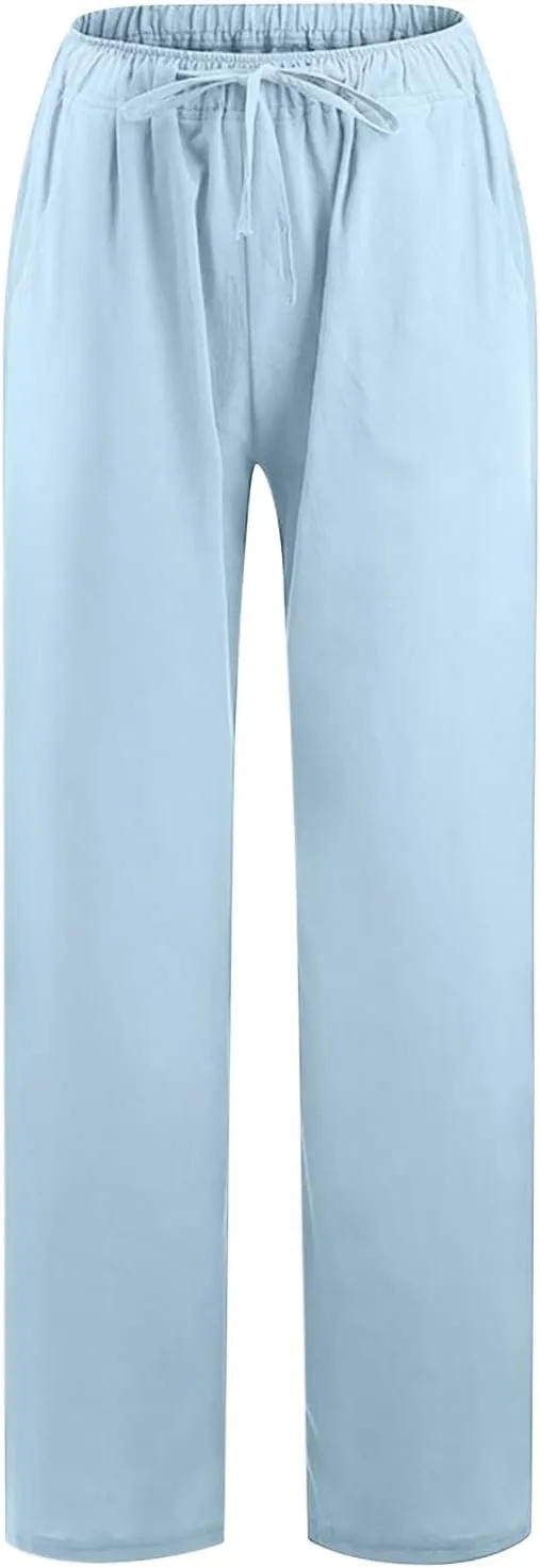 Women's Linen Blend Pants Loose Wide Leg Casual Straight Pants Lightweight Summer Beach Pants for Travel Vacation