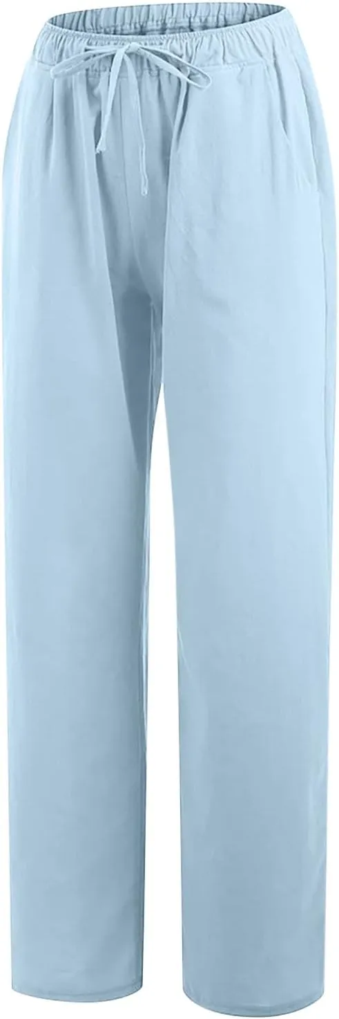 Women's Linen Blend Pants Loose Wide Leg Casual Straight Pants Lightweight Summer Beach Pants for Travel Vacation