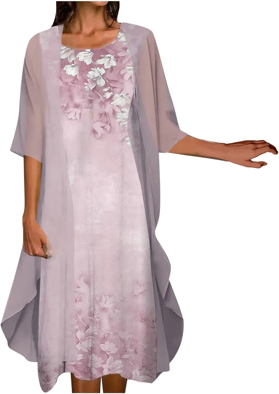 Women's Linen Dress Floral Print Ruffle Irregular Hem Sleeveless Tank Maxi Dress with Long Jacket Loose Two Piece Set
