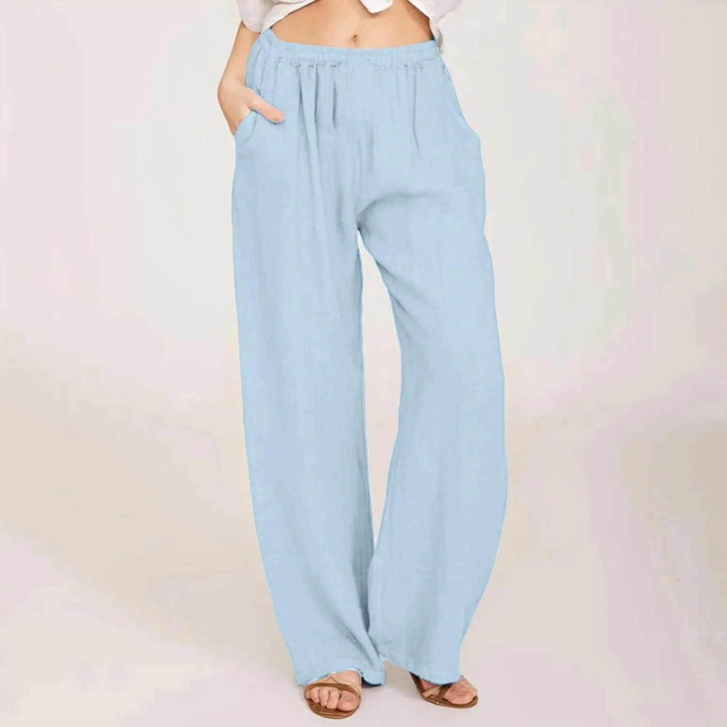Womens Linen Pants Casual Beach Vacation Clothes Trendy Wide Leg Pants Woman Flowy Palazzo Trousers Pants