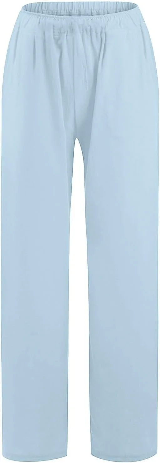 Womens Linen Pants Casual Beach Vacation Clothes Trendy Wide Leg Pants Woman Flowy Palazzo Trousers Pants
