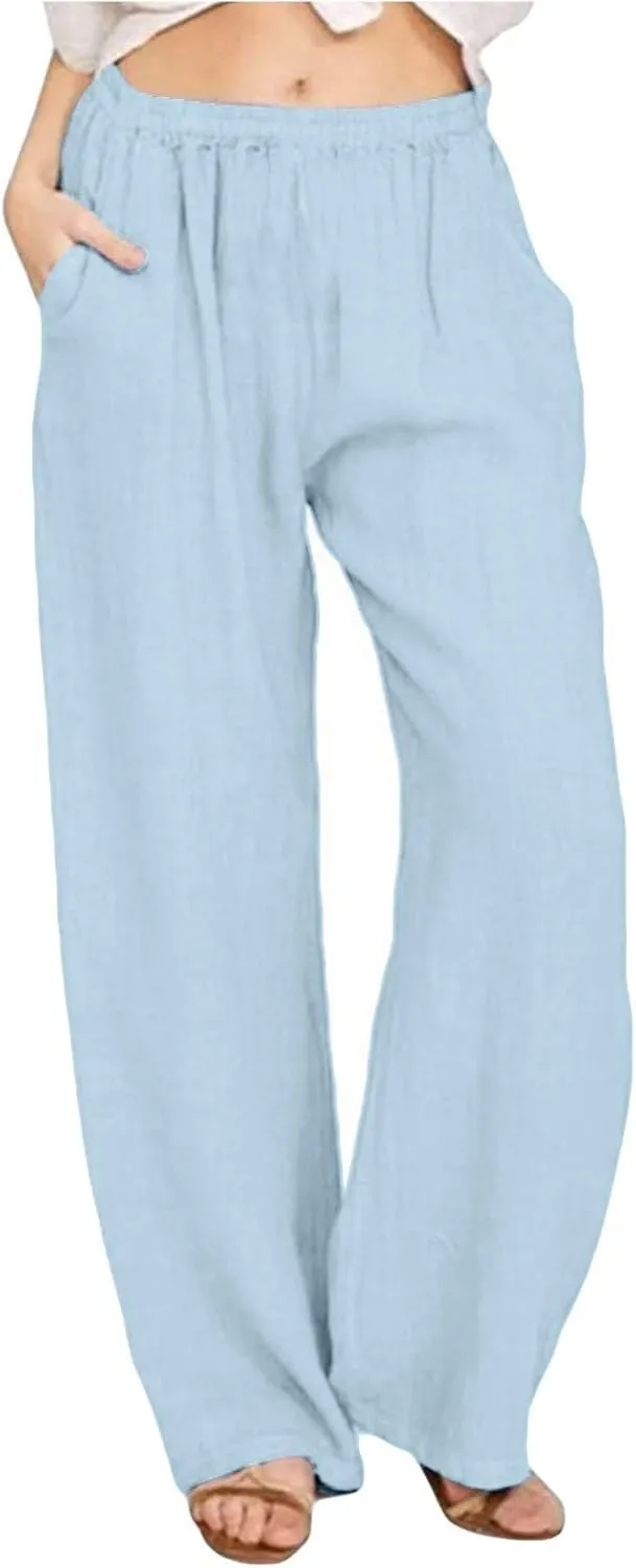 Womens Linen Pants Casual Beach Vacation Clothes Trendy Wide Leg Pants Woman Flowy Palazzo Trousers Pants